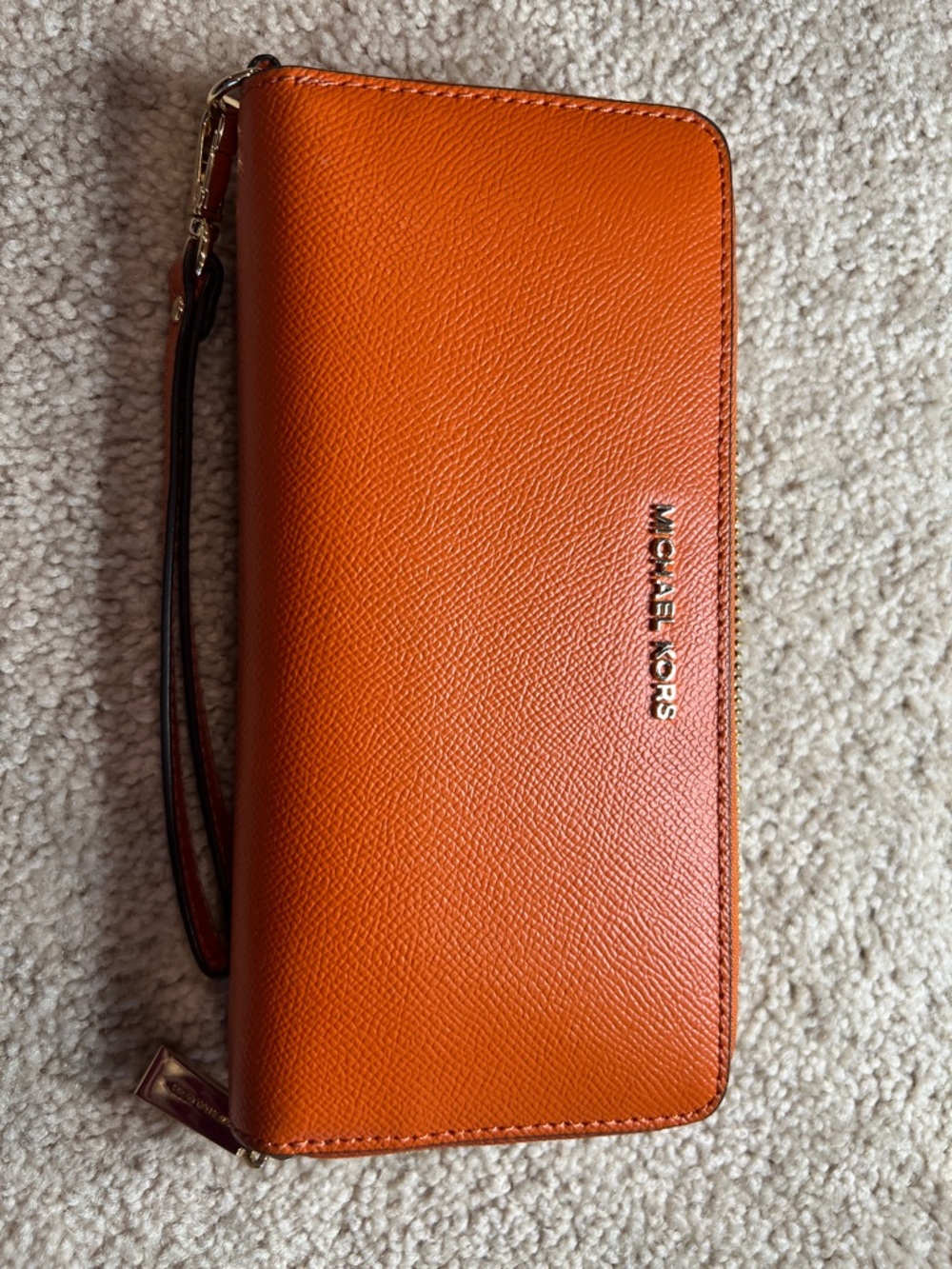 Michael Kors Bright Orange Pebbled Zip Wristlet Wallet